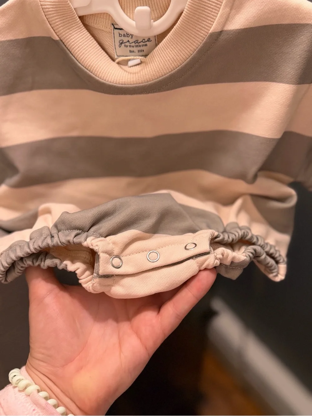 Baby Grace Striped Romper in Light Pink and Gray